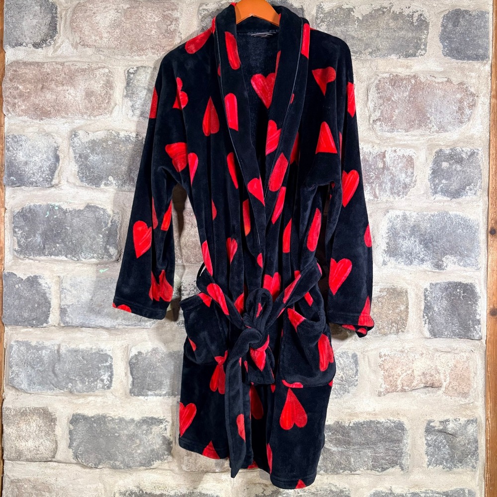 Victoria's Secret Black Red Hearts Plush Robe‎ XL XXL Lounge Sleepwear Cozy